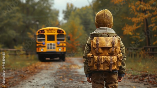A boy with a backpack watches the school bus. The student was late for school.