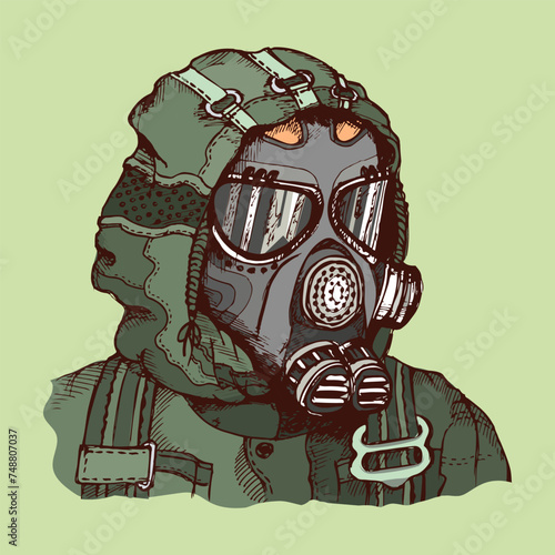 Portrait of a man in a bio-chemical protective coat and gas mask. Sketch. Vector illustration