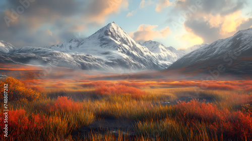 sunrise over the mountains, Majestic Peaks: A Rendered Mountainscape
