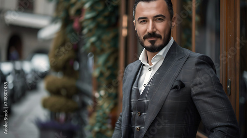 A handsome man in a suit stands confidently in front of a doorway. He has a slight smile on his face and is looking directly at the camera. photo