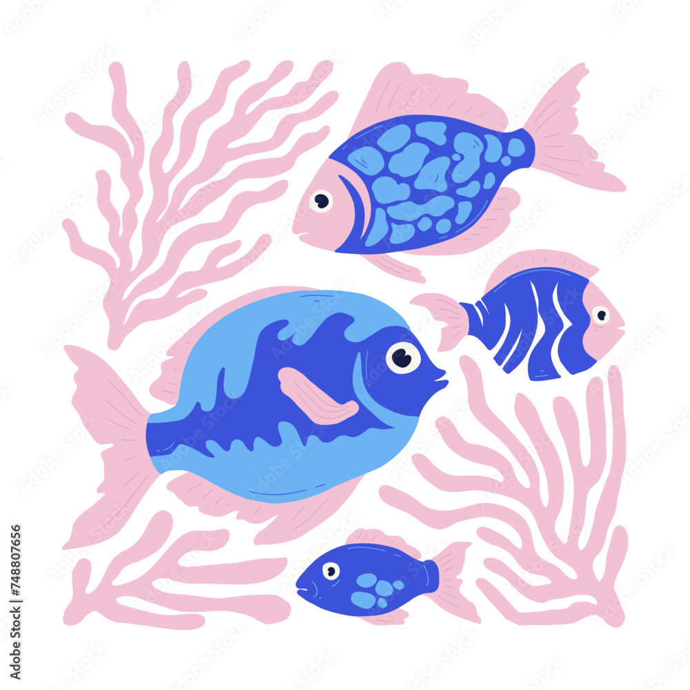 Fototapeta premium Underwater world, ocean, sea, fish and shells vertical flyer or poster template. Modern trendy Matisse minimal style. 
