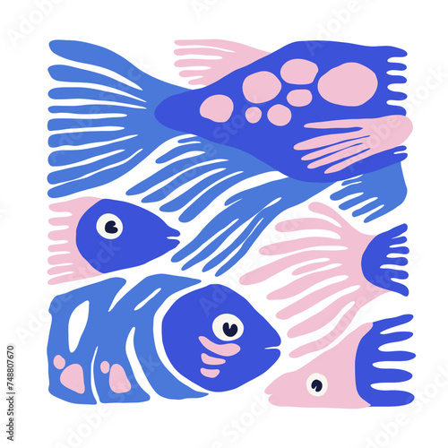 Underwater world, ocean, sea, fish and shells vertical flyer or poster template. Modern trendy Matisse minimal style. 