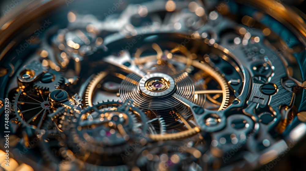Macro Photo. Close-up view of a sophisticated watch mechanism with golden gears and springs.