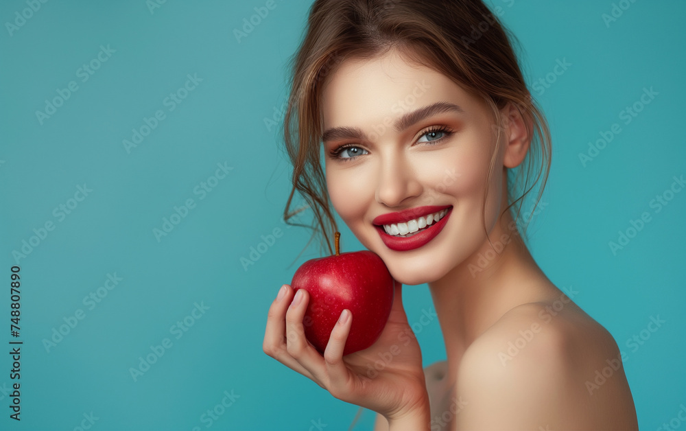 Woman with an apple , blue background, healthy eating concept Woman with an apple , blue background, healthy eating concept