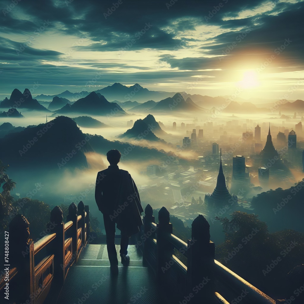 A solitary figure stands at the precipice, overlooking a city veiled in ...