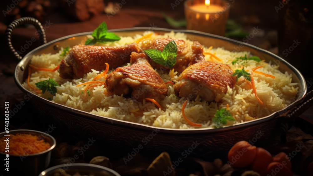 Traditional iranian biryani meal with chicken and rice on table