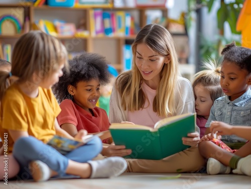 Female teacher reading book to children