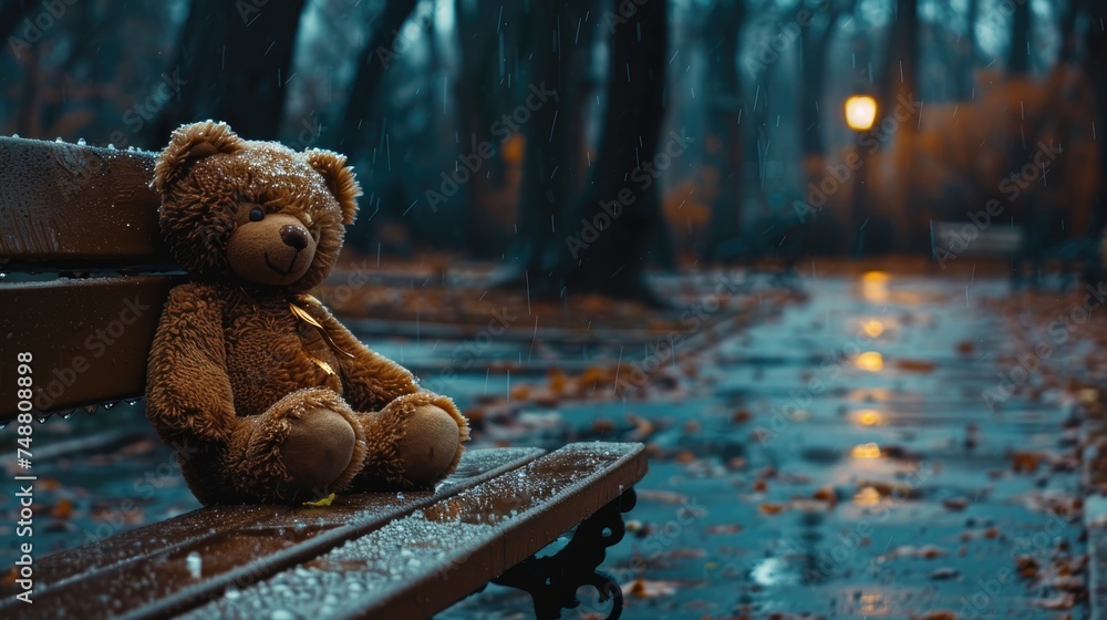 Teddy bear alone on a soggy park bench at heartrending. Generative Ai ...