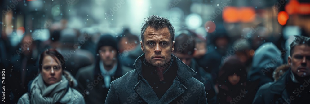 Crowded city scene with a man wearing an overcoat who is focused. Generative Ai Crowded city scene with a man wearing an overcoat who is focused. Generative Ai
