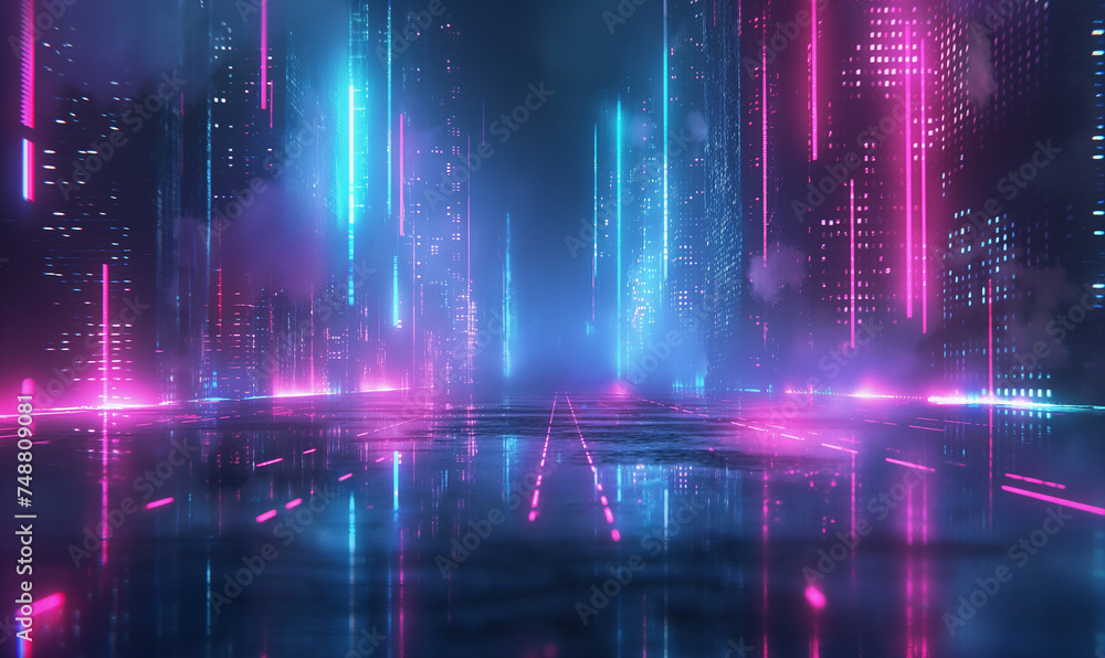 abstract background with neon blue and pink lights, futuristic city scifi cityline wallpaper