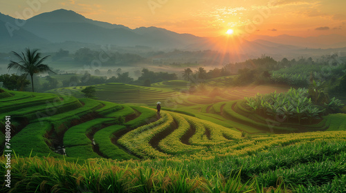 Farmers walking on rice fields terraced. Green Rice field  on terraced. men walking on rice terraces. Farmer hold a Smart phone and Keep rice on rice field. Landscape. asian rice farmer, sunrise.  © Sweetrose official 