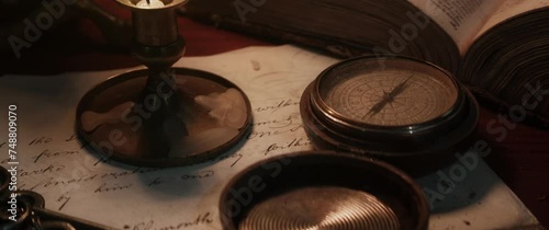 An old document on the table inside the vintage ship cabin