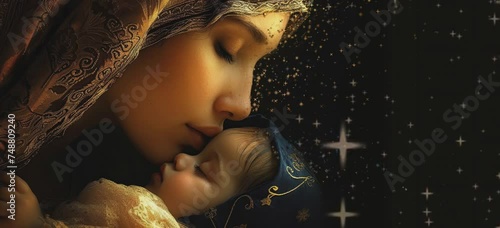 A woman is holding a baby in her arms. The baby is sleeping and the woman is kissing the baby's forehead. Concept of love and tenderness between the mother and child photo