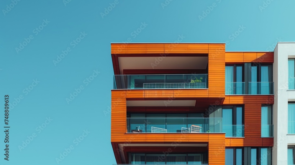 Clean lines of modern architecture on a beautiful blue. Generative Ai Clean lines of modern architecture on a beautiful blue. Generative Ai
