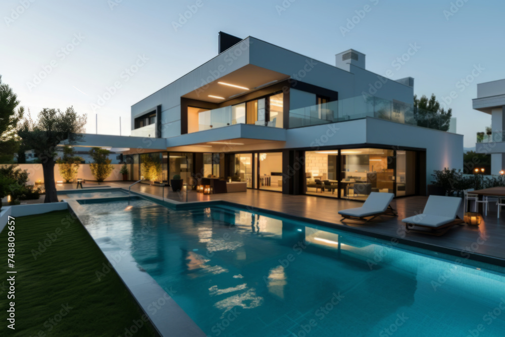 Contemporary Home with Pool and Outdoor Living Space at Dusk