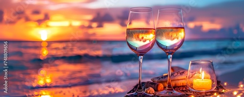 Romantic dinner for two on beach at sunset with luxurious food. Concept Luxury Dining Experience, Romantic Beach Dinner, Sunset Setting, Gourmet Cuisine, Intimate Atmosphere
