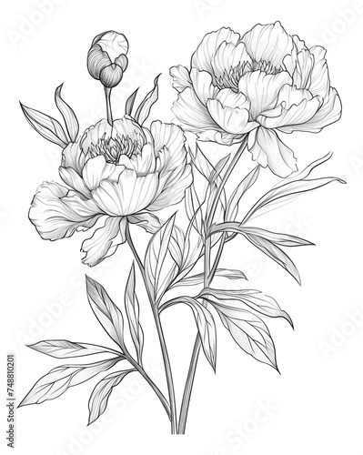peony flower template with leaves branches