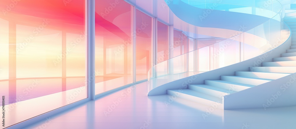 Fototapeta premium A white staircase stands in a room featuring large windows, allowing natural light to illuminate the space. The modern design of the staircase contrasts with the traditional elegance of the windows.