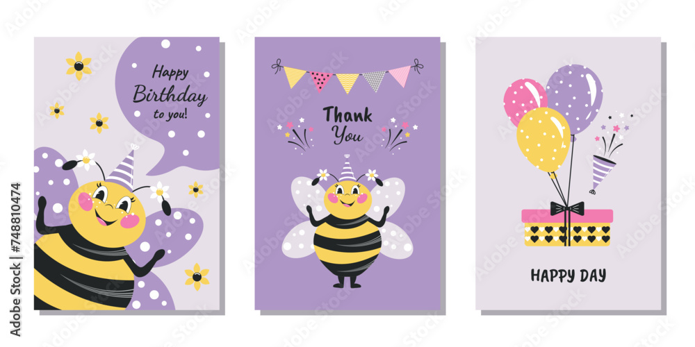 A set of birthday greeting cards, poster, invitation, template, greeting cards, animals, dog. Dear bee. Vector design.