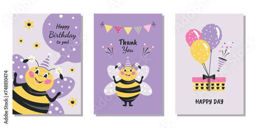 A set of birthday greeting cards  poster  invitation  template  greeting cards  animals  dog. Dear bee. Vector design.