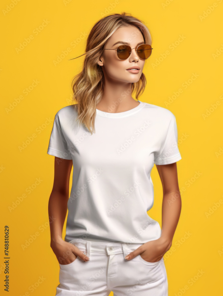 Photo of positive young beautiful woman with wearing casual white t-shirt for mockup Photo of positive young beautiful woman with wearing casual white t-shirt for mockup