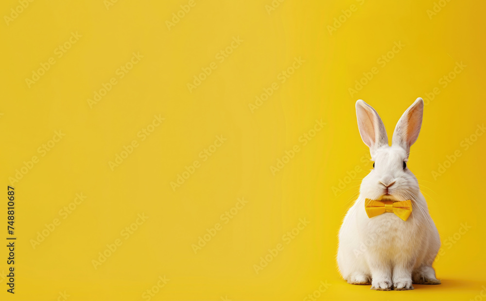 Obraz premium White easter rabbit with a yellow bow tie isolated on a yellow background, wallpaper
