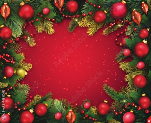 Christmas frame or boarder background with holiday decorations, flat background, top view, detailed foliage, vibrant stage bokeh backdrop, light crimson, Christmas gold and red balls, copy space.