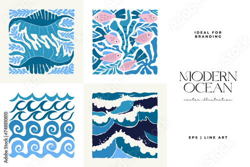 Underwater world, ocean, sea, fish and shells vertical flyer or poster template. Modern trendy Matisse minimal style.