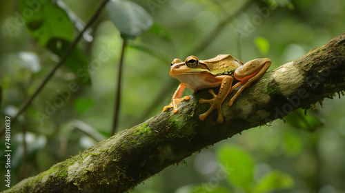 A frog resting on a tree branch in dense jungles. Neural network generated image. Not based on any actual scene or pattern.