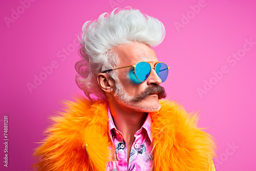 Handsome mature man with gray hair, mustache, colored sunglasses and wearing a yellow jacket with fur on a pink background, close-up portrait