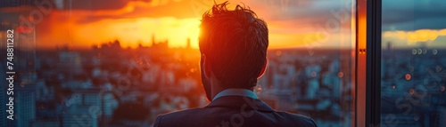 Back view of a businessman gazing at a city skyline bathed in the warm glow of a sunset from a high-rise office.