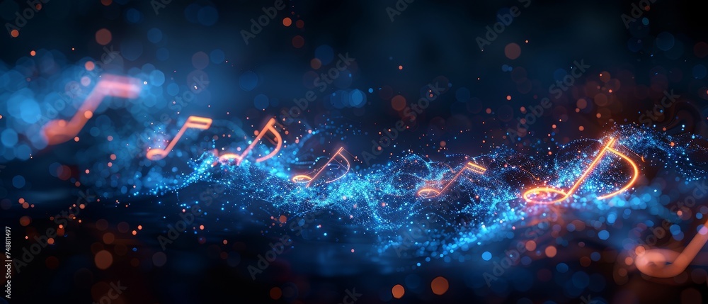 Neon style notes icon on blue representing music, a song, melody, or tune. Use for musical applications and websites. - obrazy, fototapety, plakaty 