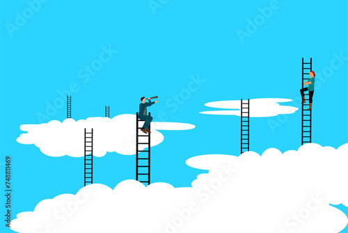 Vektor Darstellung Leitern mit Personen über den Wolken - Suche Personalsuche und Karriere - Partnersuche - Suchen und Finden