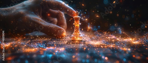  illustration of a hand holding a chess pawn in the shape of a starry sky or space. It represents points, lines, and shapes as planets, stars, and the universe.