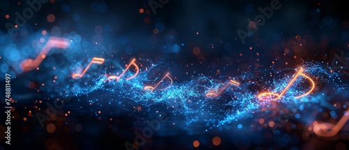Neon style notes icon on blue representing music, a song, melody, or tune. Use for musical applications and websites.