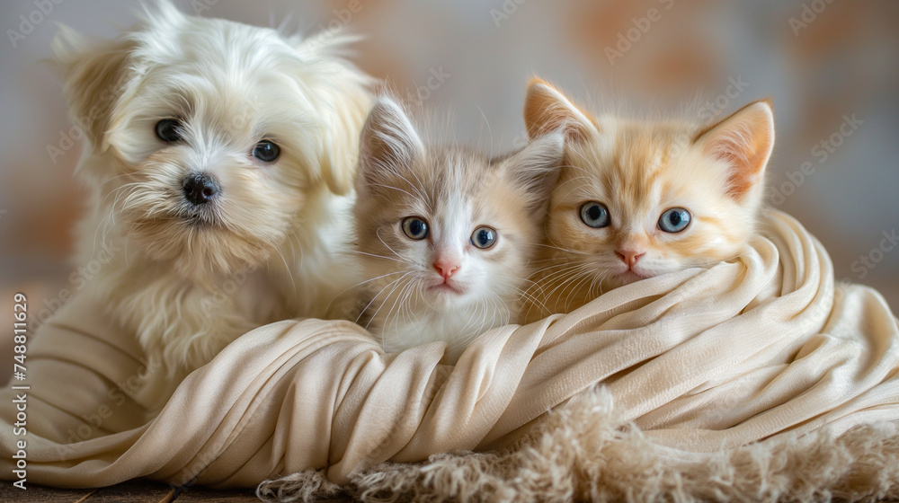 A heartfelt moment between a puppy and a kitten enveloped in a soft beige blanket. A heartfelt moment between a puppy and a kitten enveloped in a soft beige blanket.