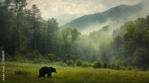 a black bear in its natural habitat within the Smoky Mountains National Park, showcasing the wildlife's beauty and power against the backdrop of lush forests and misty mountain peaks. photo