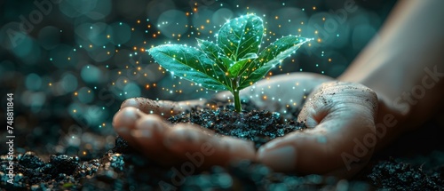 The hand of an abstract person holding a young plant in soil. Low poly style design. Blue geometric background. Wireframe light connection structure. Modern 3D graphic concept. Isolated photo