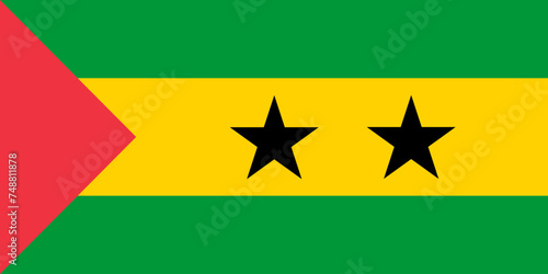 Close-up of red, green, yellow and black national flag of African country of São Tomé and Príncipe with black stars. Illustration made March 1st, 2024, Zurich, Switzerland.