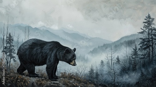 a black bear in its natural habitat within the Smoky Mountains National Park, showcasing the wildlife's beauty and power against the backdrop of lush forests and misty mountain peaks.