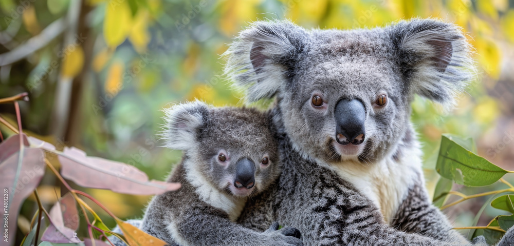 Fototapeta premium A koala mother and her joey share a tender moment, nestled in an eucalyptus tree.