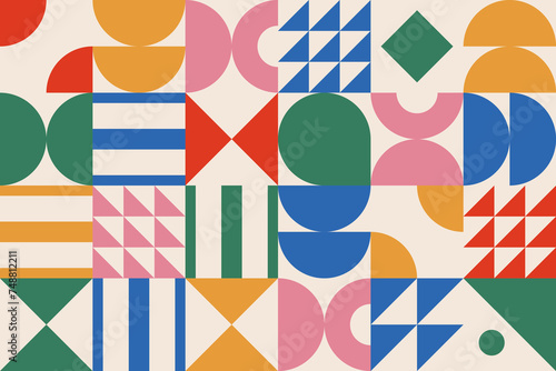 Colorful abstract pattern of various shapes circles, squares, triangles, and half-circles on beige background