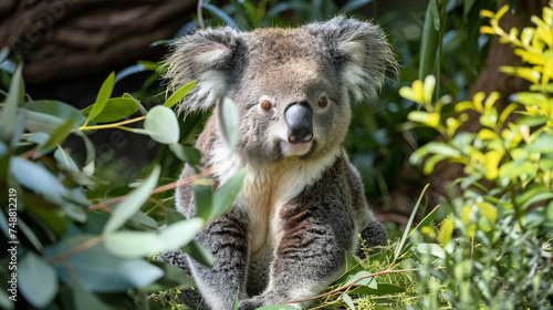 A koala sits on a branch, bathed in the soft golden light of the sun, looking calmly forward.