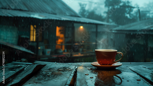 Rain patters on a tin roof, creating a soothing rhythm as a steaming cup of tea rests on a rustic table. photo