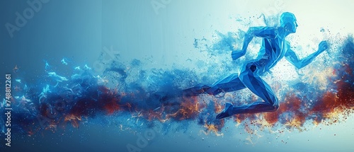 Man running from abstract polygonal blue. Low poly man in motion.