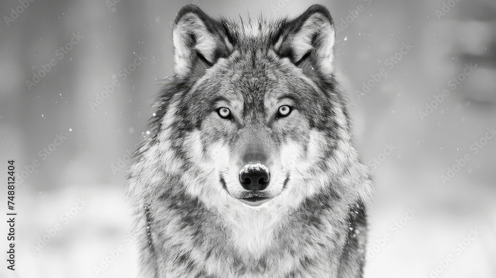 Monochrome close-up of a wolf in the snow Monochrome close-up of a wolf in the snow