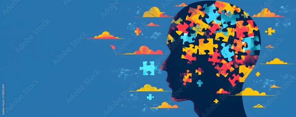 World Autism Awareness Day,banner,silhouette human head on blue background consisting of pieces of colorful puzzles,place for text,concepts of inclusivity, diversity,awareness and help,mental illness