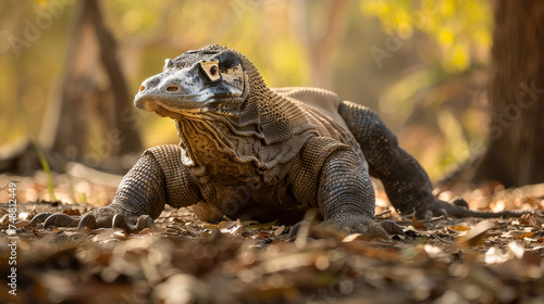 A Komodo dragon lounges in its natural habitat, basking in the warm sunlight. © Jan