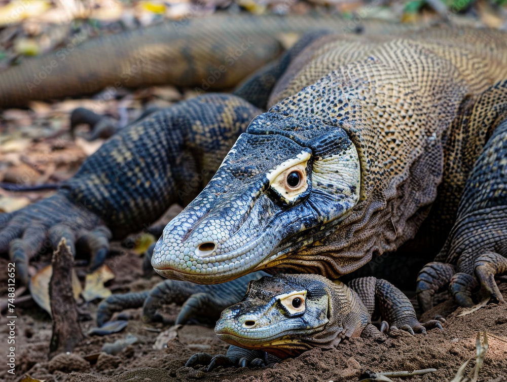 Obraz premium Two Komodo dragons rest together in their natural habitat, exuding a sense of calm and power.