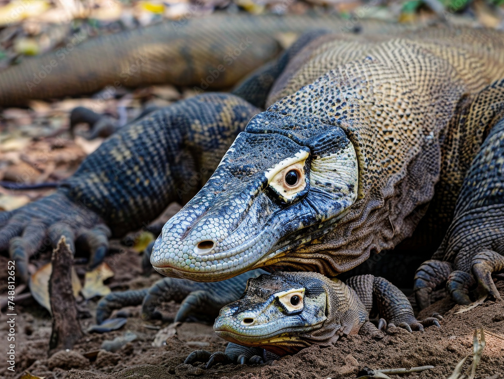 Two Komodo dragons rest together in their natural habitat, exuding a sense of calm and power.